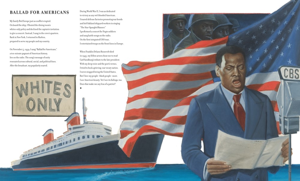 An interior image from Outspoken: Paul Robeson, Ahead of His Time: A One-Man Show showing Paul Robeson in the bottom right-hand page reading into a CBS radio microphone while behind him, the spread shows a large ship, an American flag, and images of Black men in combat uniform.. A long text poem called "Ballad for Americans" appears on the left-hand page.