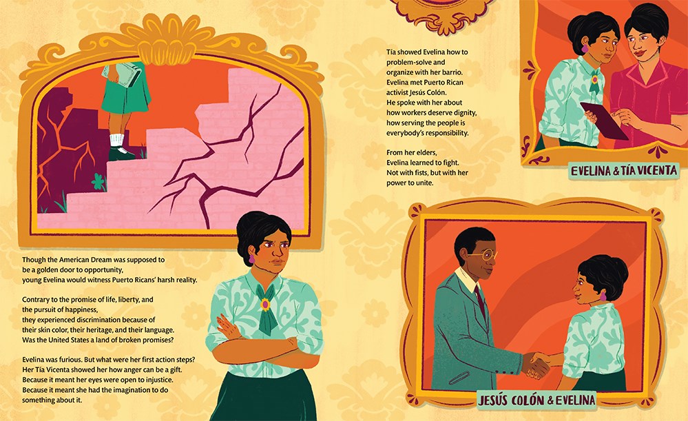 An interior spread from Best Belive showing four vignettes along with blocks of poetic text. In the first inset image, a girl in a skirt stands on stairs that are cracking; in the second, the grown girl appears with a determined expression, arms crossed; in the third and fourth inset images, the grown girl receives support and help from a woman and a man in conversations.