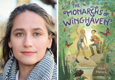 Naila Moreira and the cover of The Monarchs of Winghaven.