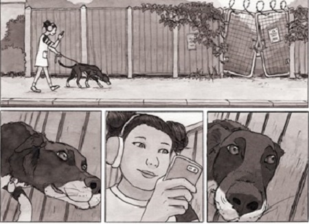 A series of 5 panels from Wildful. On the top bar, a girl with headphones walks her dog on a city street. Below, the three small panels show: a close up of the dog's snout, the girl looking at her phone, the dog sniffing closer to a fence.