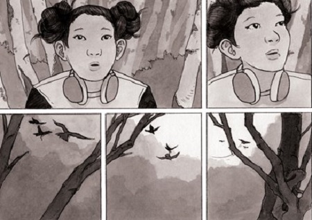 Five panels from a spread in Wildful. The top two panels show a girl with headphones around her neck, looking up and around. The bottom panels show a luminous sky with tree branches and birds.
