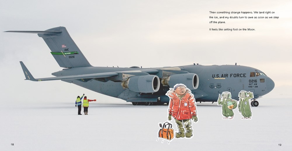 An interior spread from My Antarctica, featuring a photograph of a military plane with collage cut-out cartoons of a young G. Neri in a parka and duffel bag. The flight crew is in the background.
