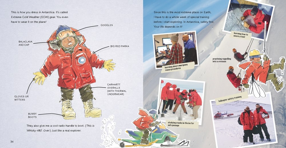 An interior spread from My Antarctica. On the left-hand page, is a hand-drawn diagram of a young G. Neri in a red parka and text explaining his clothing, worn to protect him against the cold. On the right-hand page, actual photographs show various scientists at work, while cartoon drawings show young G. Neri adventuring in a snow mobile and with climbing ropes.