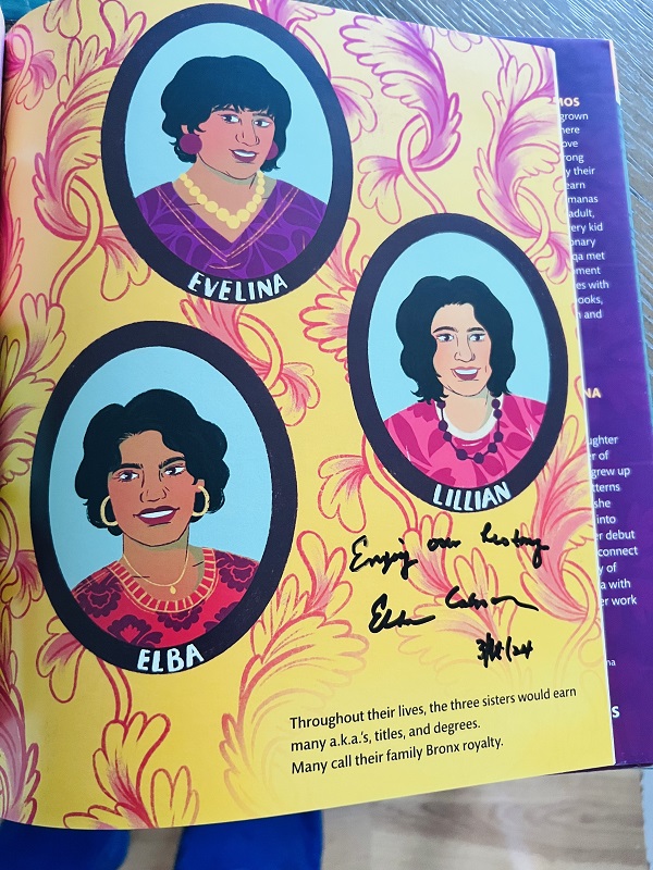 An interior page from Best Believe signed by Elba Cabrera, one of the three sisters featured in the book, with the message, "Enjoy our history."