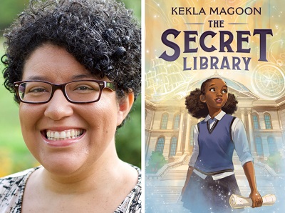 Kekla Magoon and the cover of The Secret Library.