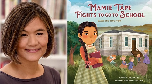 Traci Huahn and the cover of Mamie Tape Fights to Go to School.
