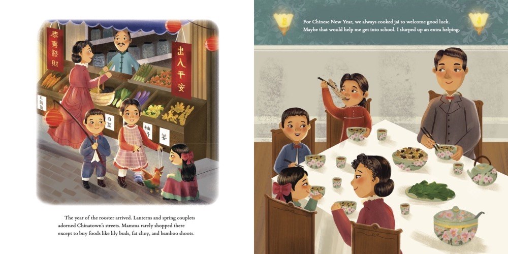 A spread from Mamie Tape Fights to Go to School. On the left-hand side, a  Chinese-American woman and three young children in nineteenth-century American dress shop for vegetables from a Chinatown produce stall. On the right-hand side, the family, joined by a man, enjoy a meal at the table.