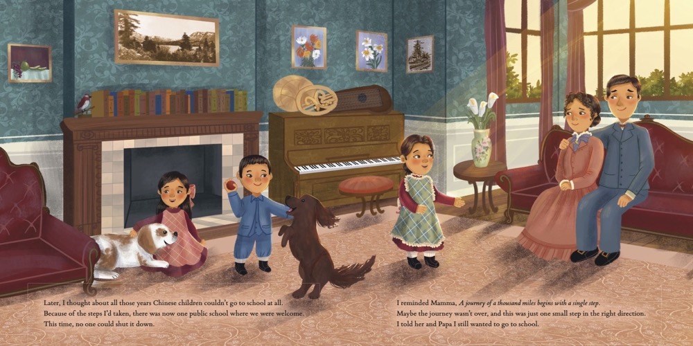 An interior spread from Mamie Tape Fights to Go to School featuring a Chinese American family in the nineteenth-century enjoying time together in their parlor, with a piano, fireplace, and pets.