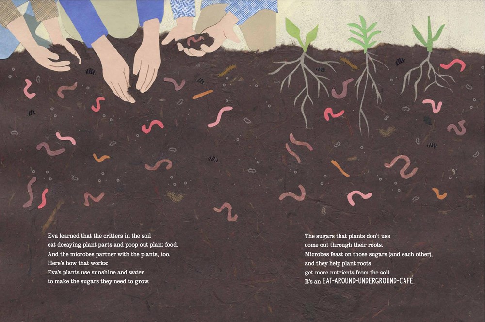 An interior spread from Farmer Eva's Green Garden Life showing the busy life underground, in the rich soil. Earthworms, plant roots, and microbes are all visible in the soil.