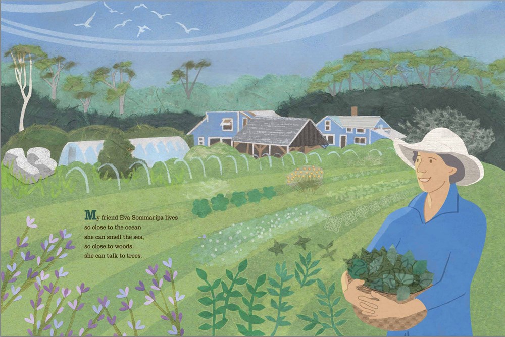 An interior spread from Farmer Eva's Green Garden Life showing Farmer Eva in green rows of crops with farm buildings in the distance.