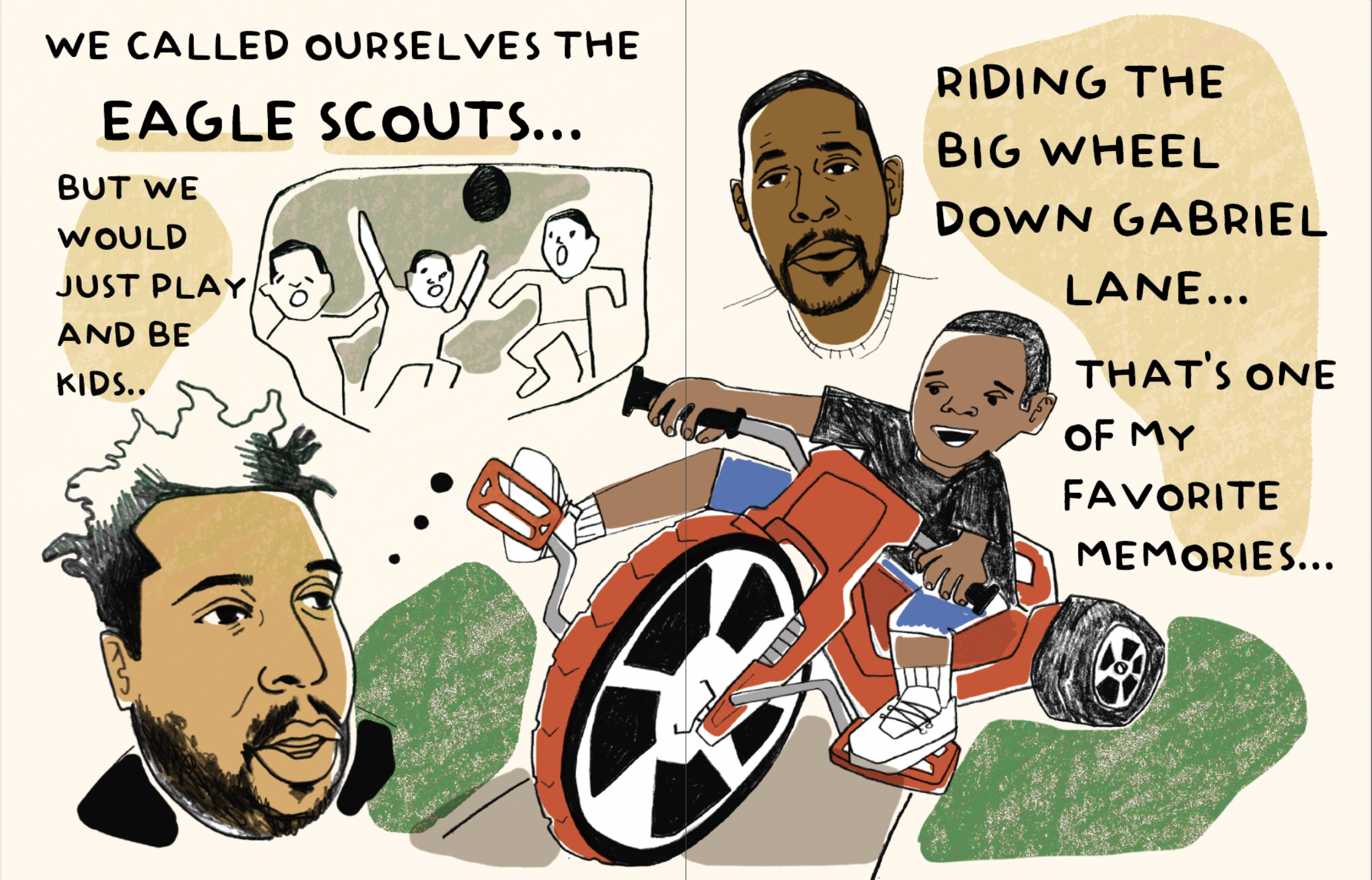 An interior spread from How Do I Draw These Memories, featuring drawings of a Black family in smaller vignettes: children playing, the heads of two adult men, and a smiling child riding a big wheel. 