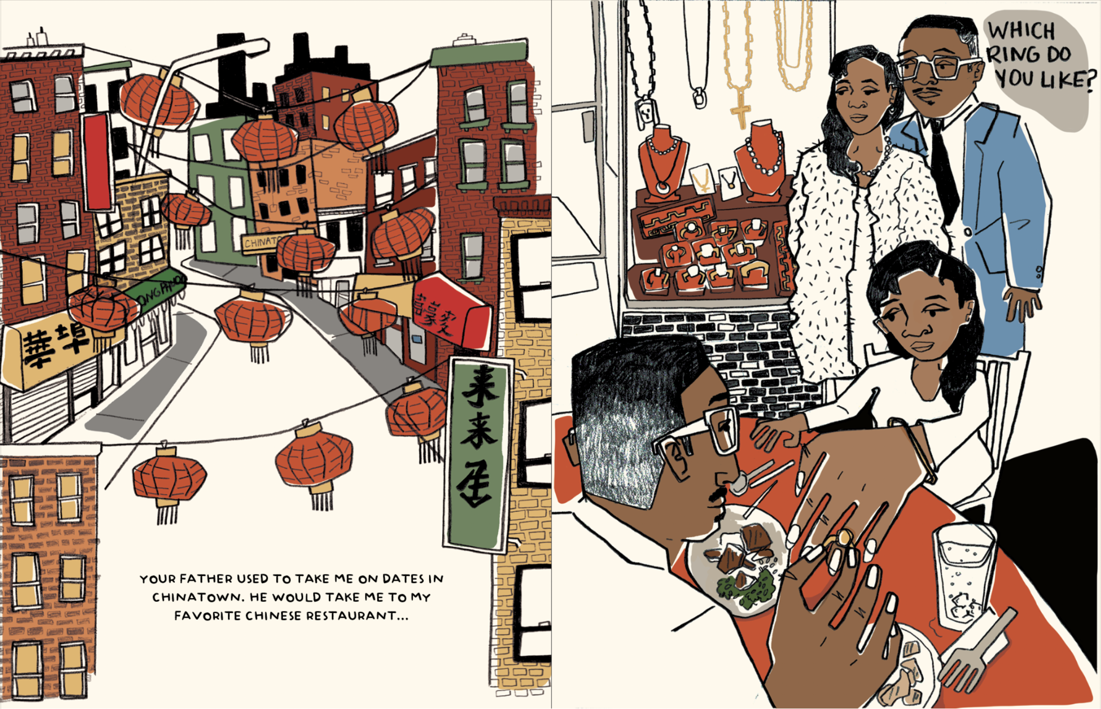 An interior spread from How Do I Draw These Memories showing drawings of a street in Chinatown on the left side. On the right side, a young Black girl and her parents visit a jewelry shop and a restaurant.