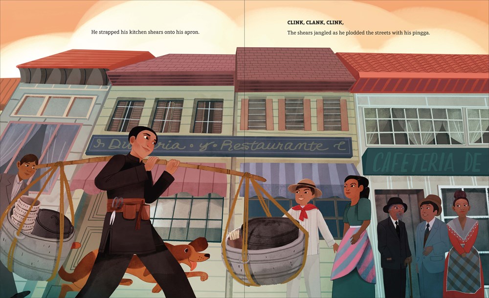 An interior spread from Mami King: How Ma Mon Luk Found Love, Riches, and the Perfect Bowl of Soup showing Ma Mon Luk carrying noodle food and cooking supplies through the streets.