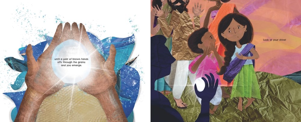 An interior spread from And Yet You Shine. On the left, two brown hands hold a large round shimmering jewel; on the right, the words "Look at your shine" appear next to a young South Asian boy and girl.