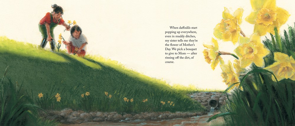 An interior spread from All That Grows, showing a boy and a girl looking at daffodils. On the right-hand side of the spread, the daffodils are pictured close up.