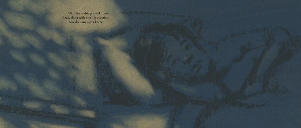 An interior spread from All That Grows showing the boy lying in bed in a dark room with dappled light from the moon or the street coming into the room.