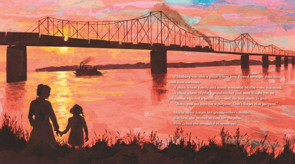 An interior spread from A Voice of Hope featuring a bridge over a river at sunset. On the banks of the river are the silhouettes of young Myrlie Evers-Williams and her grandmother.