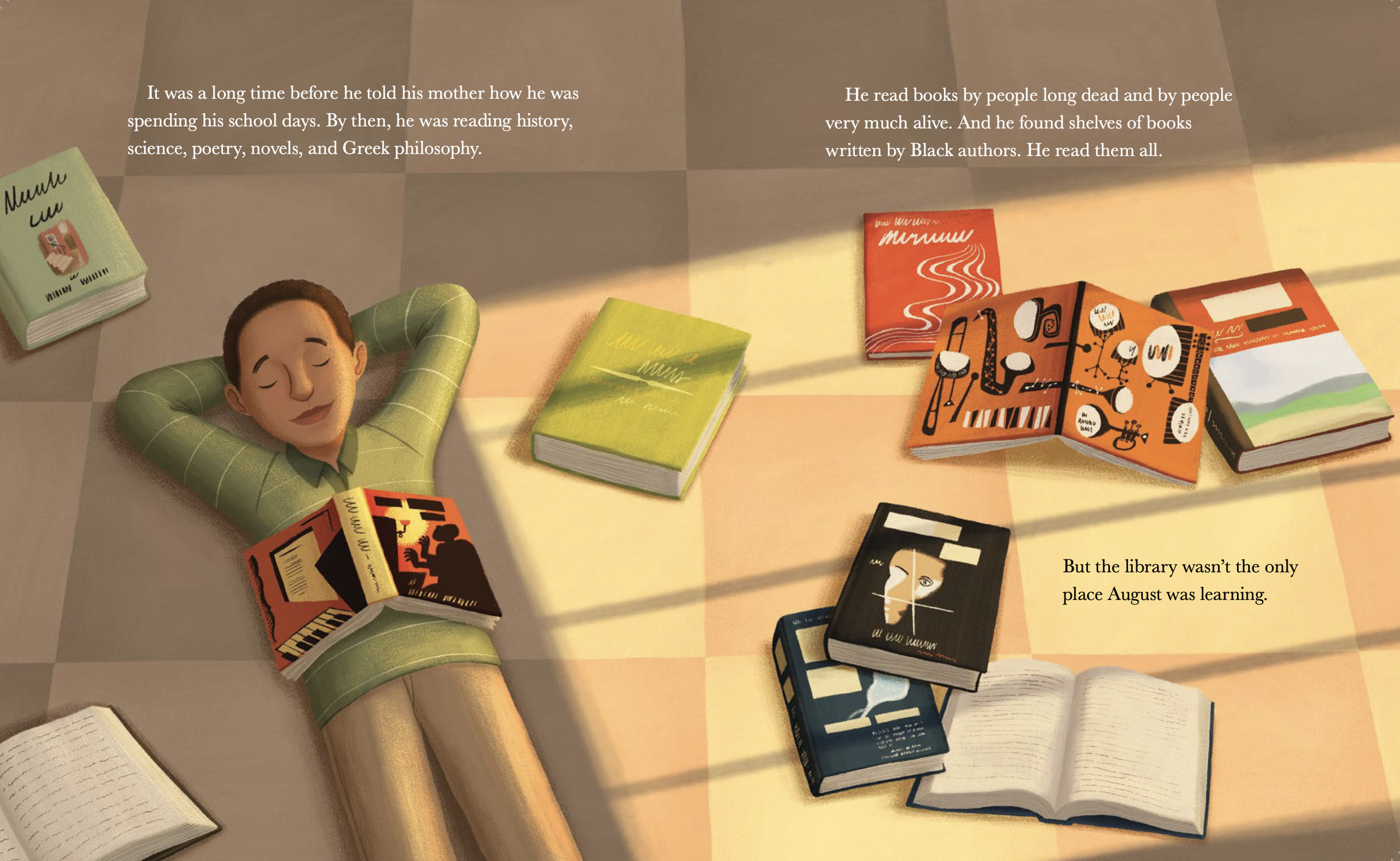 An interior spread from A Song for August showing a young august Wilson lying on the floor with closed eyes, surrounded by books.