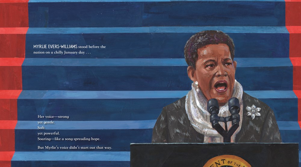 An interior spread from A Voice of Hope featuring a view of Myrlie Evers-Williams delivering a speech at a microphone at an official event.