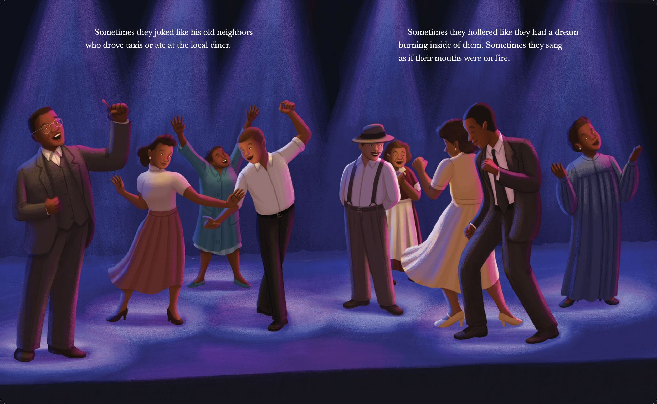 An interior spread from A Song for August showing a nightclub scene with singers and dancers.