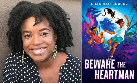 Author Shakirah Bourne and the cover of Beware the Heartman.