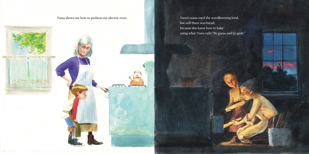 An internal spread from Still There Was Bread featuring, on the left side, a grandmother and grandson waiting for bread to bake near a contemporary stove; on the right side, a child and grandmother wait for bread outside of an old-fashioned, wood-burning stove.