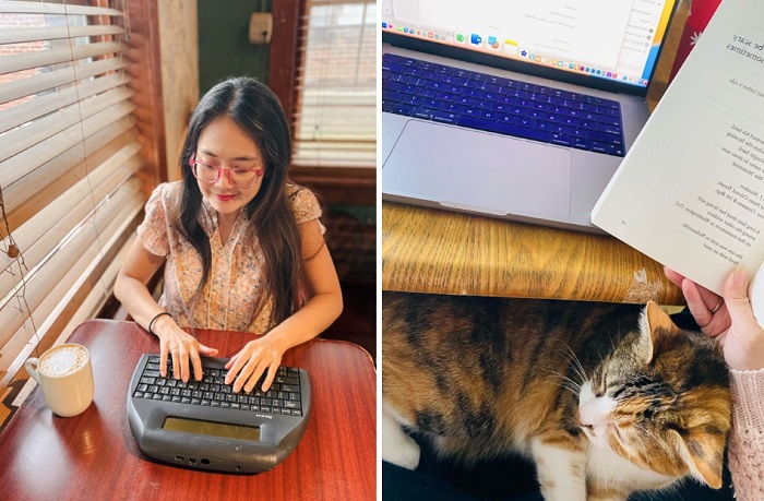 Doan Phuong Nguyen on the left, typing on a keyboard at a coffee shop. On the right, the author's cat sits on her lap as she reads a book.