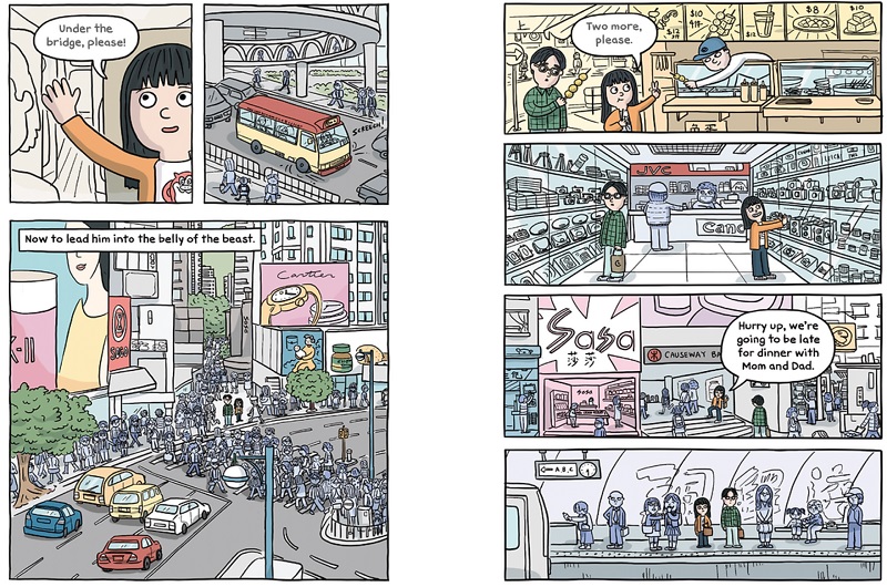 An interior spread with many panels from Uprooted showing a young girl showing a boy around Hong Kong: on busy streets surrounded by buildings, on buses, in stories, and waiting for a train.