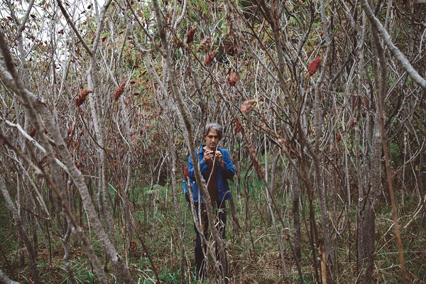 Jason Logan in the woods collecting Sumac and other materials from trees and bushes for ink-making.