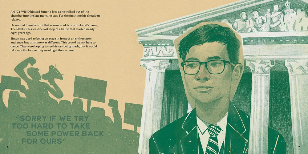 An interior spread from We Sing from the Heart, showing Simon Tam standing in a suit in front of the Supreme Court Building.