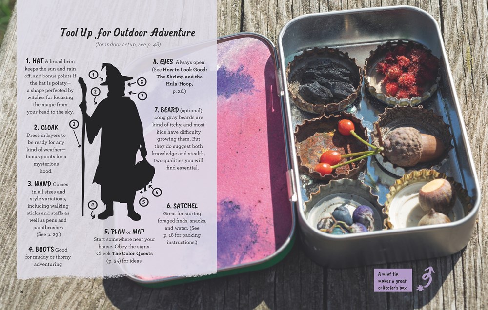 An interior spread from How to Be a Color Wizard showing a whinsical portrait of the tools that a color wizard needs to collect materials (wand, boots, eyes), as well as a metal pan filled with foraged natural materials for ink-making, including berries and acorns.