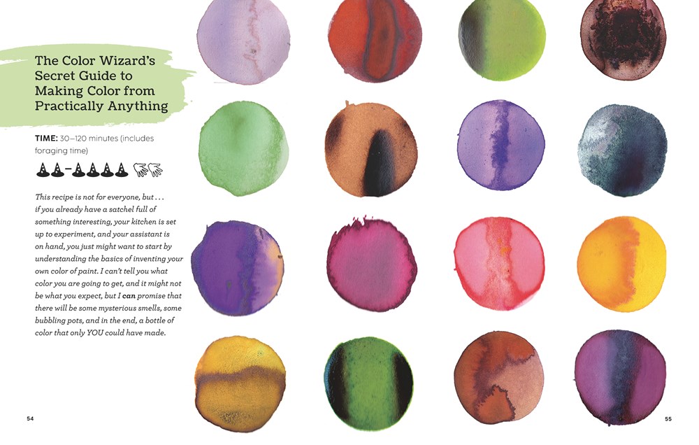 An interior spread from How to Be a Color Wizard showing beautiful circles of different colors created with natural inks. 