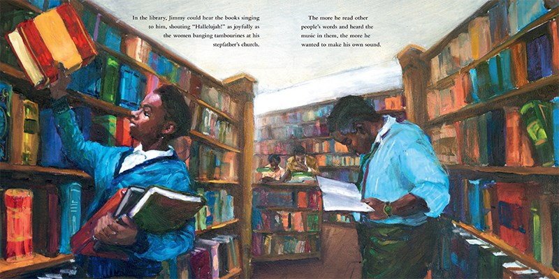 An interior spread from Go Tell It showing a young James Baldwin loading his arms with books at the library.