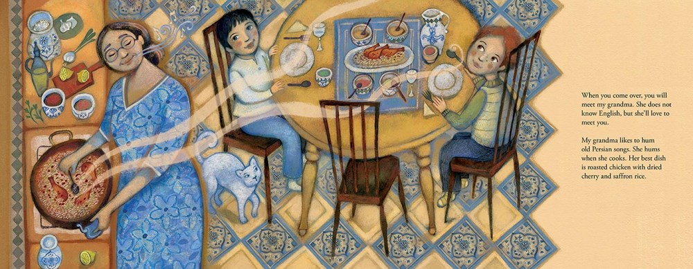 A richly patterned interior spread from Dear New Friend showing a woman cooking a large rice dish at the stove while two boys sit at the table with more dishes of food.