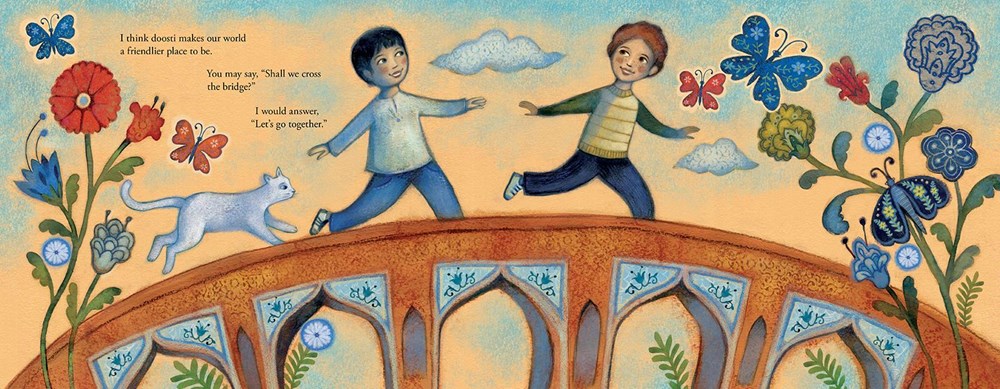An interior image from Dear New Friend showing two smiling boys running across a bridge surrounded by flowers and butterflies.