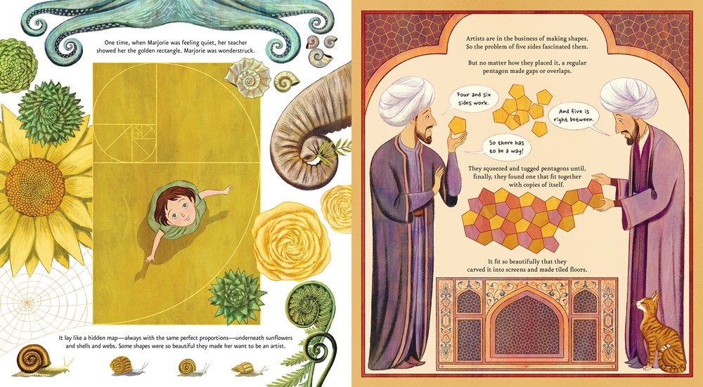 An interior spread from The Five Sides of Marjorie Rice. On the left-hand page, a young Marjorie Rice notices mathematical patterns in nature, in a snail shell, a fern, a flower's petals, and more. On the right-hand page, ancient Islamic artists experiment with five-sided tiles to create beautiful mosaics.