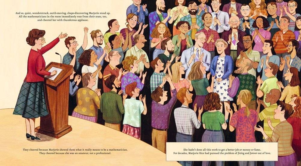 An interior spread from The Five Sides of Marjorie Rice showing a crowd celebrating an adult Marjorie Rice, who smiles in a crowd.