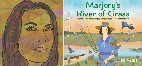 A drawn portrait of Josie James, aka JoAnn Adinolfi, and the cover of Marjory's River of Grass.