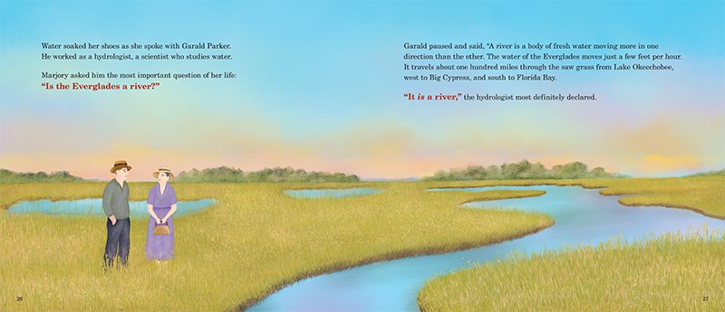 An interior image from Marjory's River of Grass featuring Marjory Stoneman Douglas standing in the vast wetlands of the Florida Everglades, surrounded by a ribbon of open water.