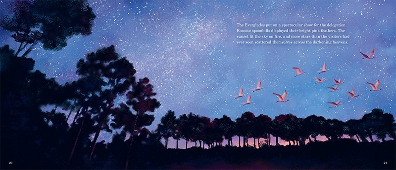 An interior image from Marjory's River of Grass featuring black trees silhouetted against a dark blue night sky with pink birds flying above the last glimpse of sunset.