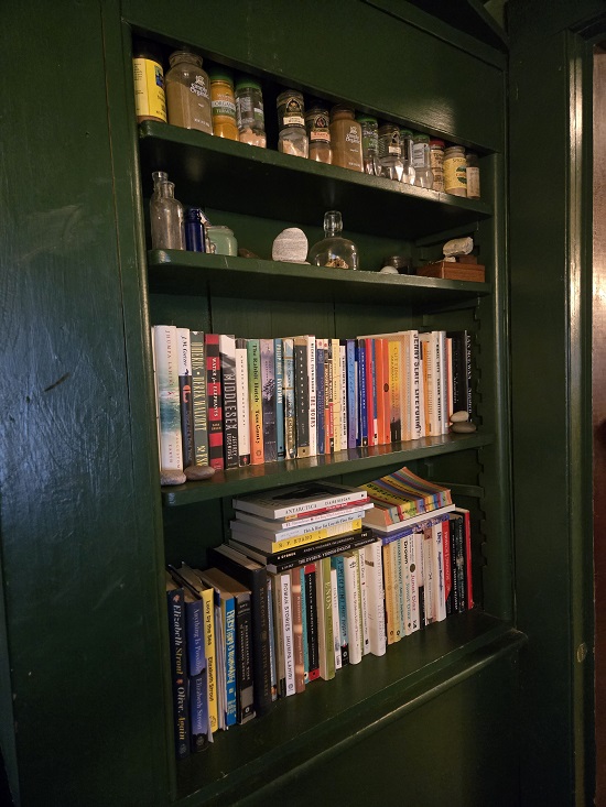 Marcella Pixley's bookshelf, filled with books, spices, and special glass objects.