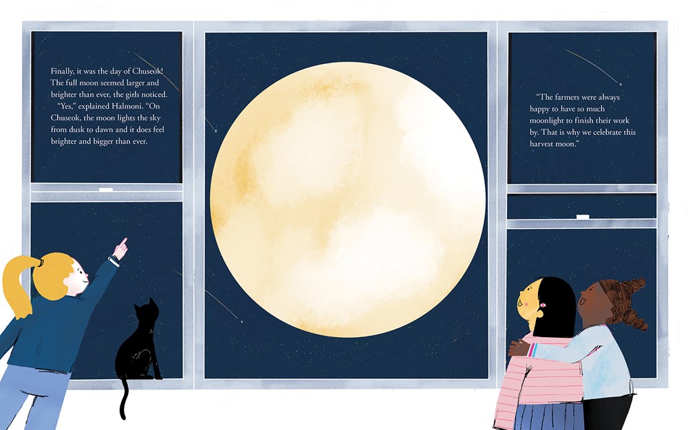 An interior spread from Giving Thanks with Halmoni, featuring three girls pointing at a buttery round moon outside the window.