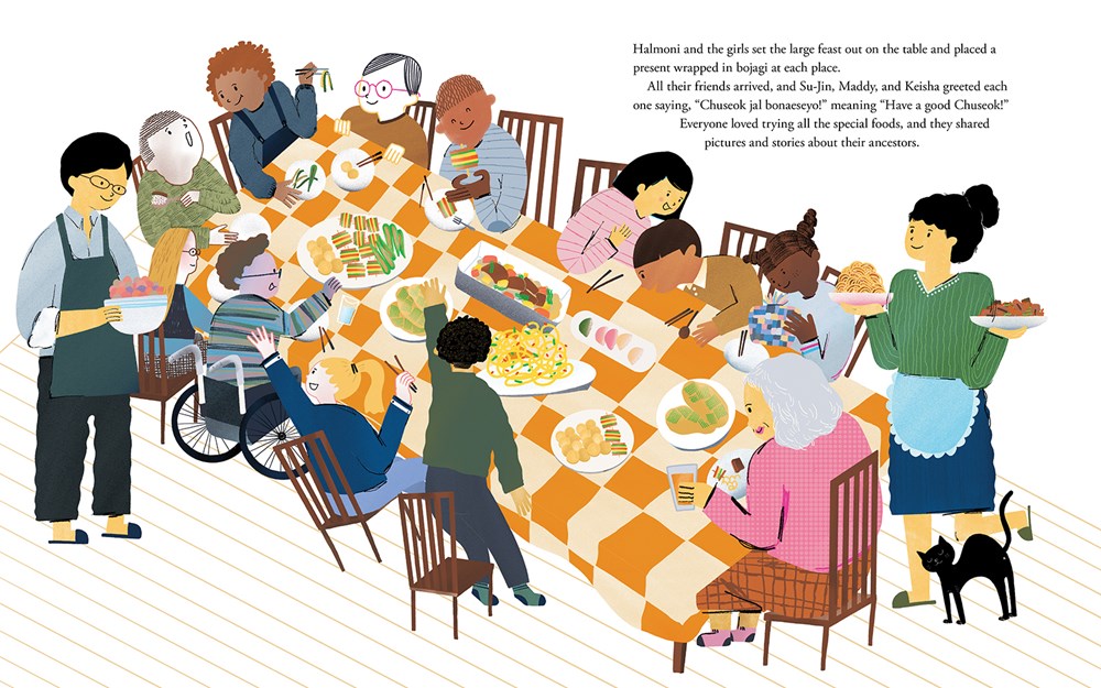 An interior spread from Giving Thanks with Halmoni, featuring a crowded table filled with festival foods and smiling guests sharing dishes.