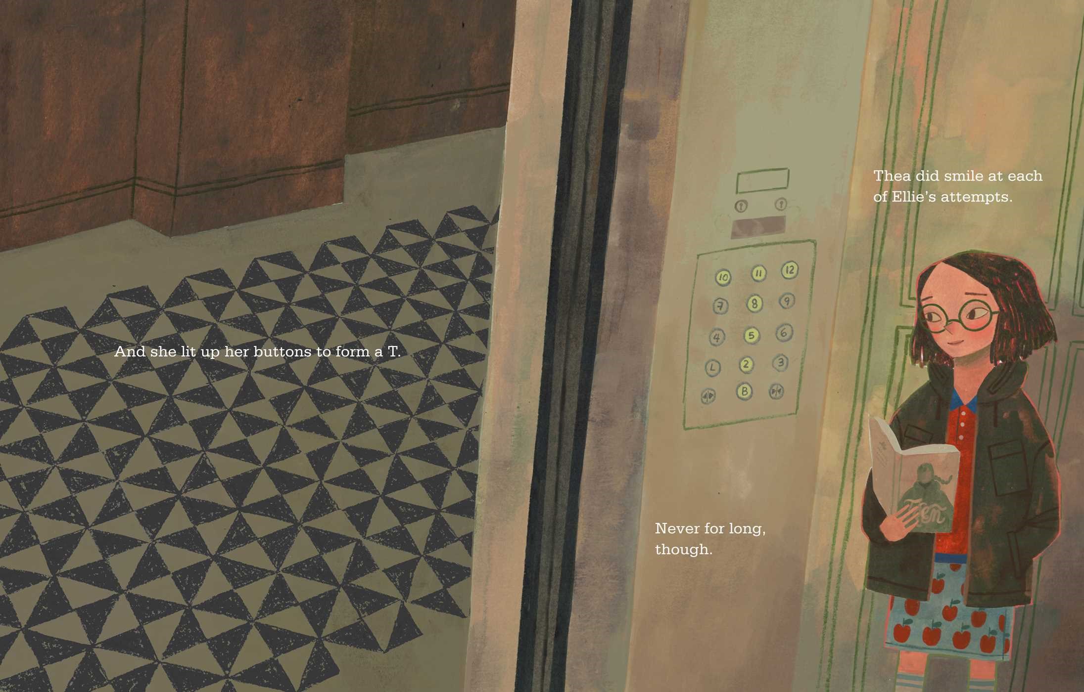 An interior image from The Elevator on 74th St. showing a girl inside the elevator, with its buttons lit up in the shape of the letter "T."