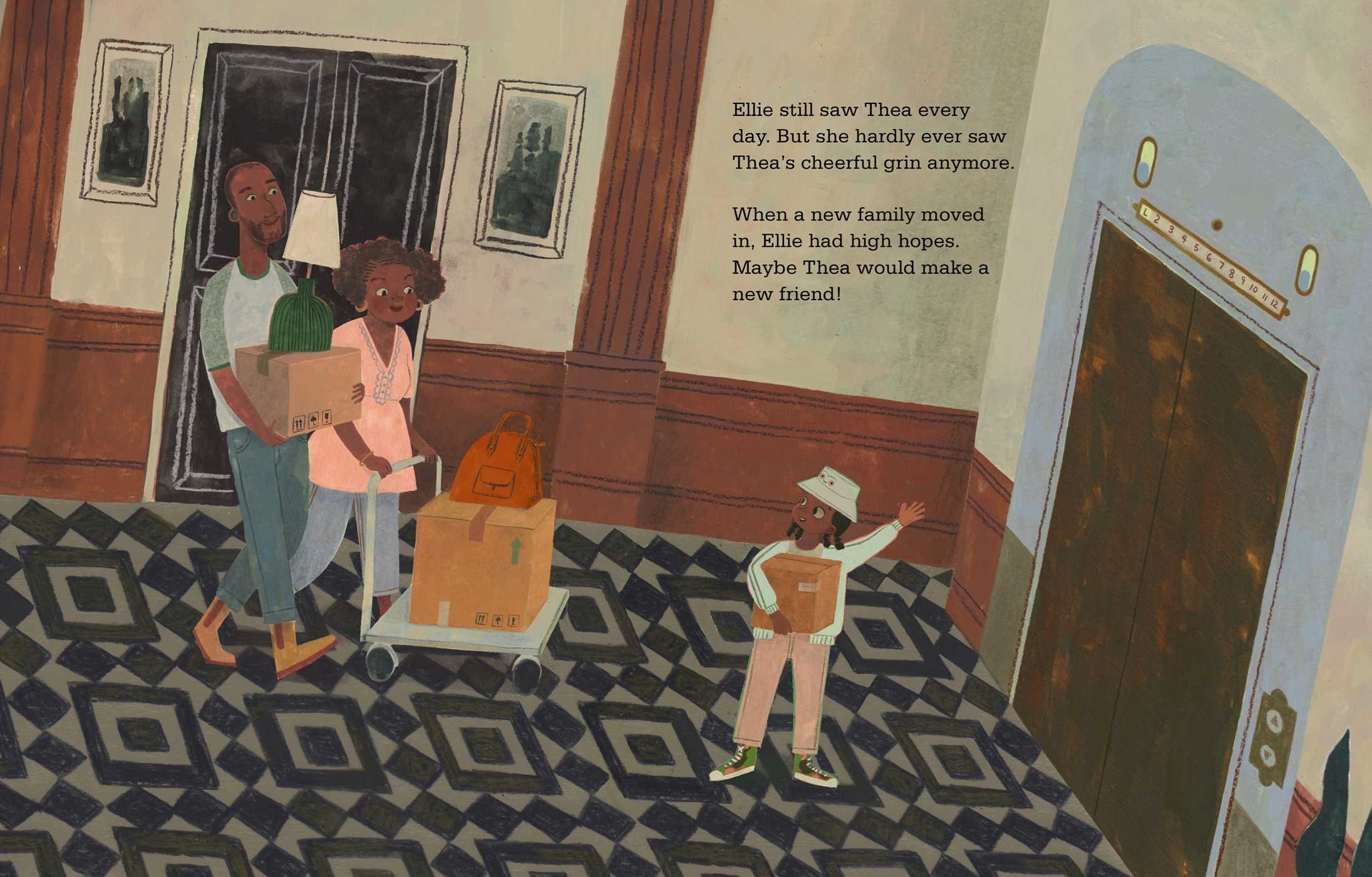 An interior spread from The Elevator on 74th Street showing a family bringing new possessions into the lobby of a building. Above the elevator, the lights appear in the shape of a smiling face.