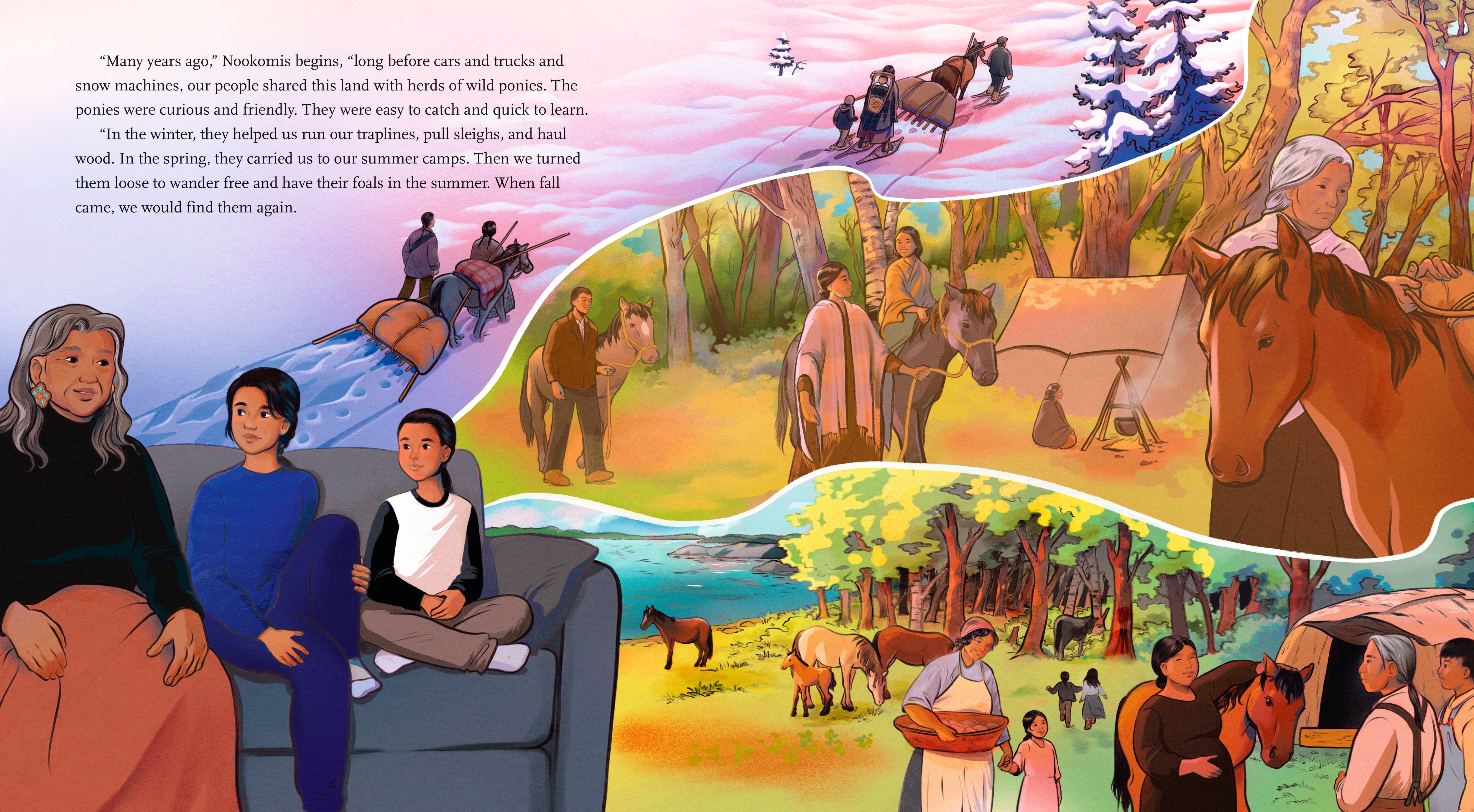 An interior spread from Across the Ice, featuring a gray-haired woman telling two children stories that are illustrated in three wavy sections on the spread. In the first, horses leading sleds are lead across snow; in the second, Ojibwe villagers care for the horses near their homes; in the third, the villagers are living among the horses near a lake and thick summer forest.