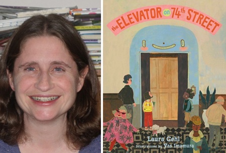 Laura Gehl and the cover of The Elevator on 74th Street.