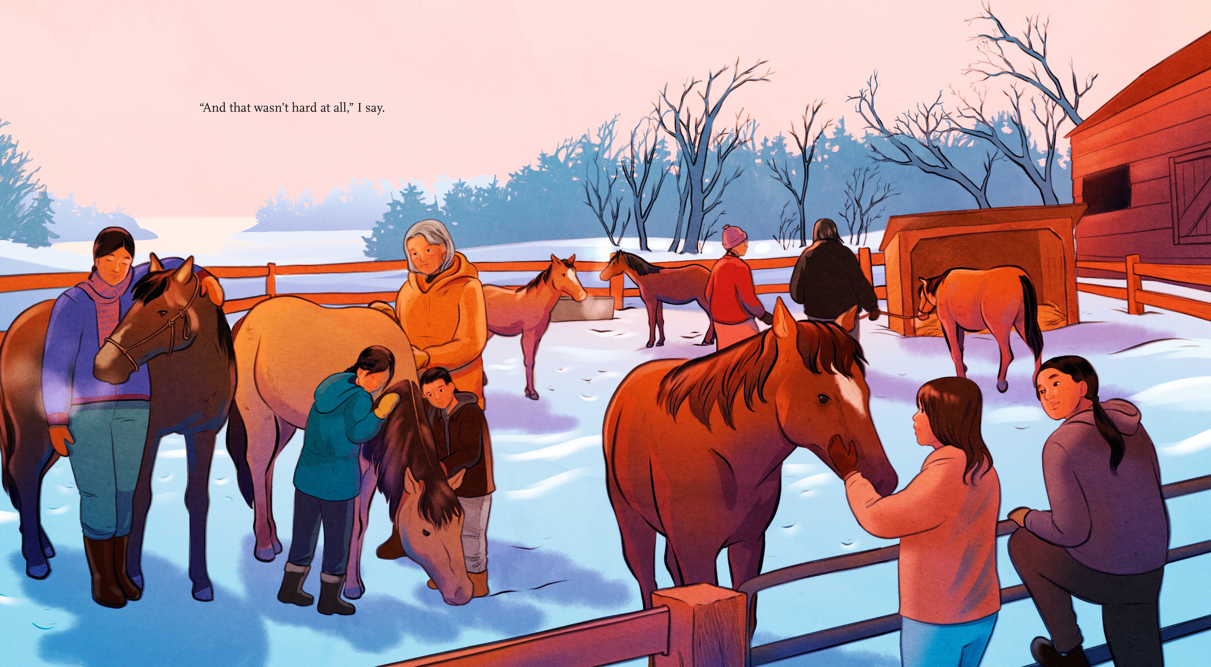An interior spread from Across the Ice showing contemporary Ojibwe people caring for horses in a fenced paddock surrounded by snow.
