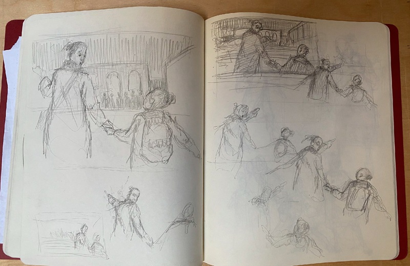 Pages from Eric Velasquez's sketchbook showing figures in various positions, including a mother holding the hand of a girl with a backpack.