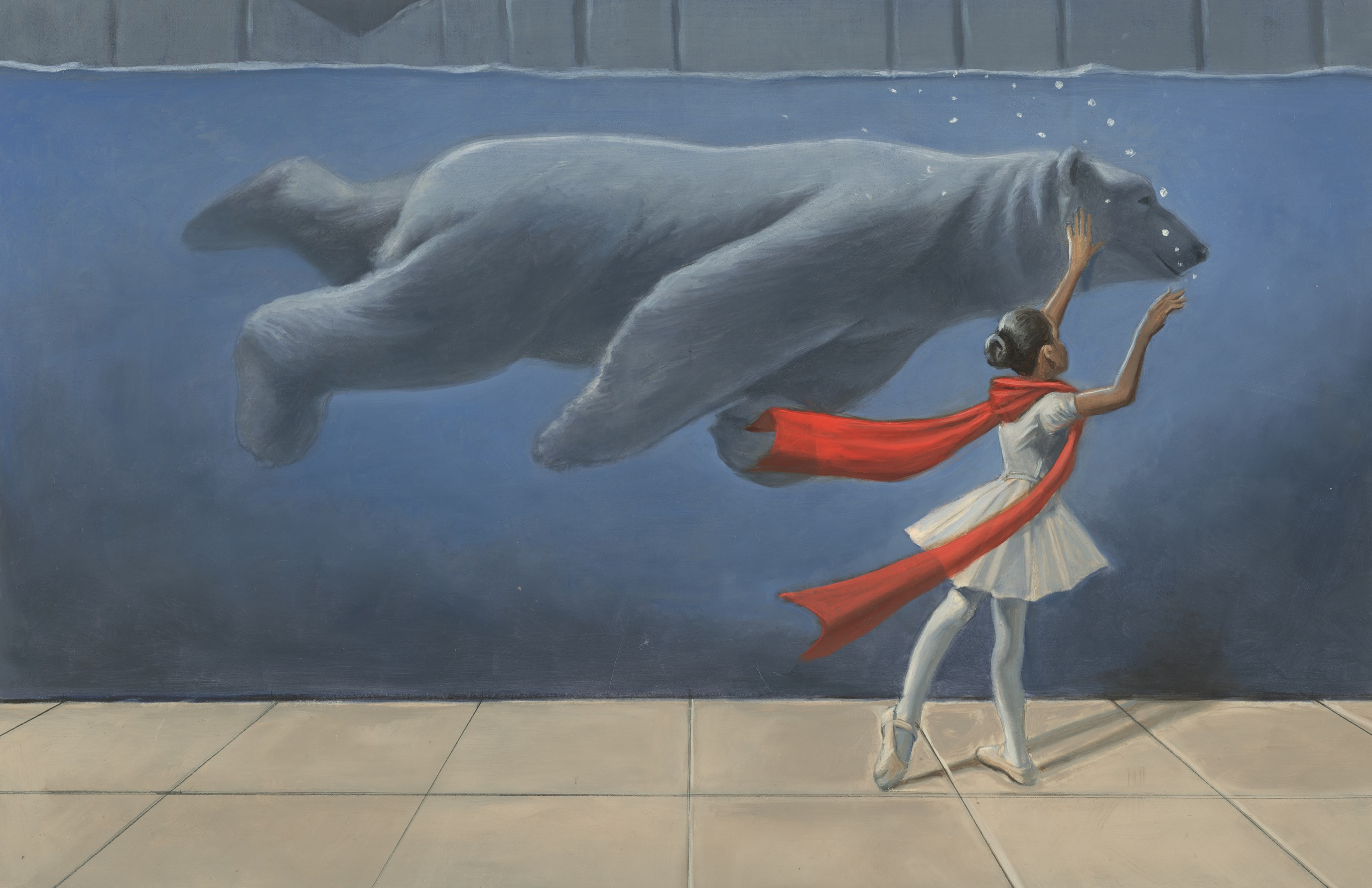 An interior spread from The Polar Bear and the Ballerina showing a brown-skinned girl dressed in a ballet costume and a red scarf standing before a tank with a polar bear swimming in it.